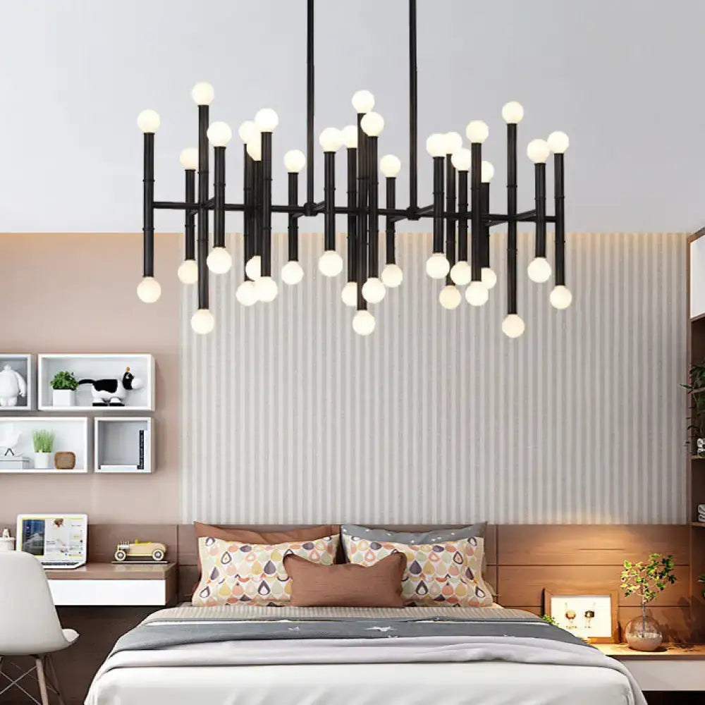 Black DecorBites™ modern metal island light with multi-rod geometric design and spherical e12 e14 bulbs