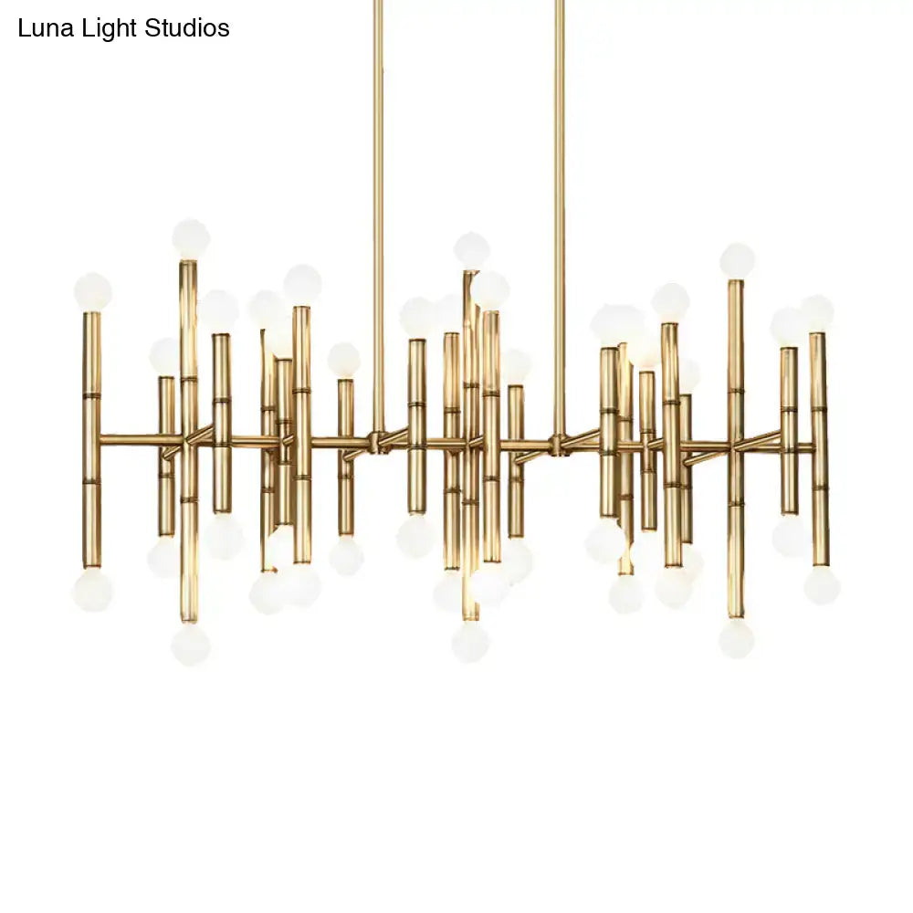 Gold-toned modern metal island light with geometric bamboo-inspired multi-rod design and e12 e14 spherical bulbs