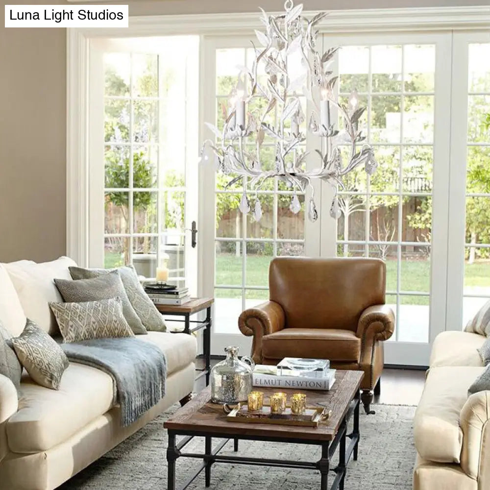 Lámpara de araña moderna con forma de hoja metálica y colgante de cristal - Luminaria de 5 bombillas en gris/blanco envejecido