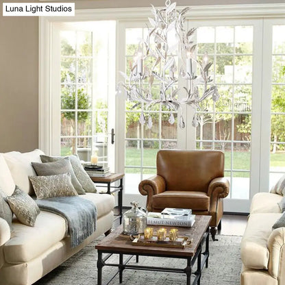 Lámpara de araña moderna con forma de hoja metálica y colgante de cristal - Luminaria de 5 bombillas en gris/blanco envejecido