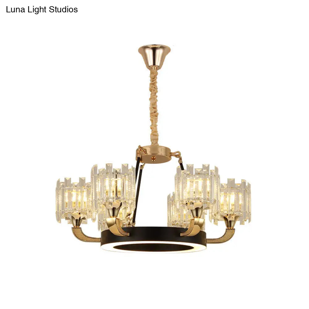 Lámpara de araña moderna con aro metálico y pantalla de cristal - Lámpara colgante de 6/8 bombillas para salón en negro y dorado