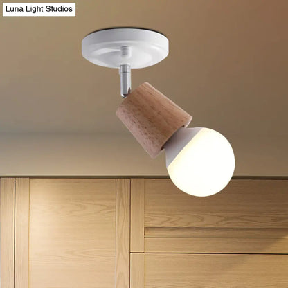 DecorBites™ DecorBites™ Modern Metal Semi Flush Ceiling Light with Wood Top - White Finish, 1 Light