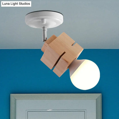 DecorBites™ DecorBites™ Modern Metal Semi Flush Ceiling Light with Wood Top - White Finish, 1 Light
