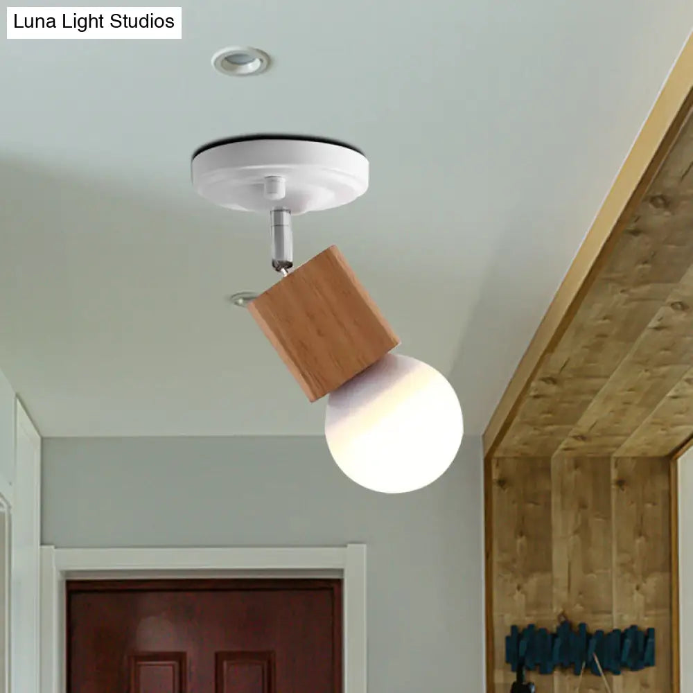 DecorBites™ DecorBites™ Modern Metal Semi Flush Ceiling Light with Wood Top - White Finish, 1 Light