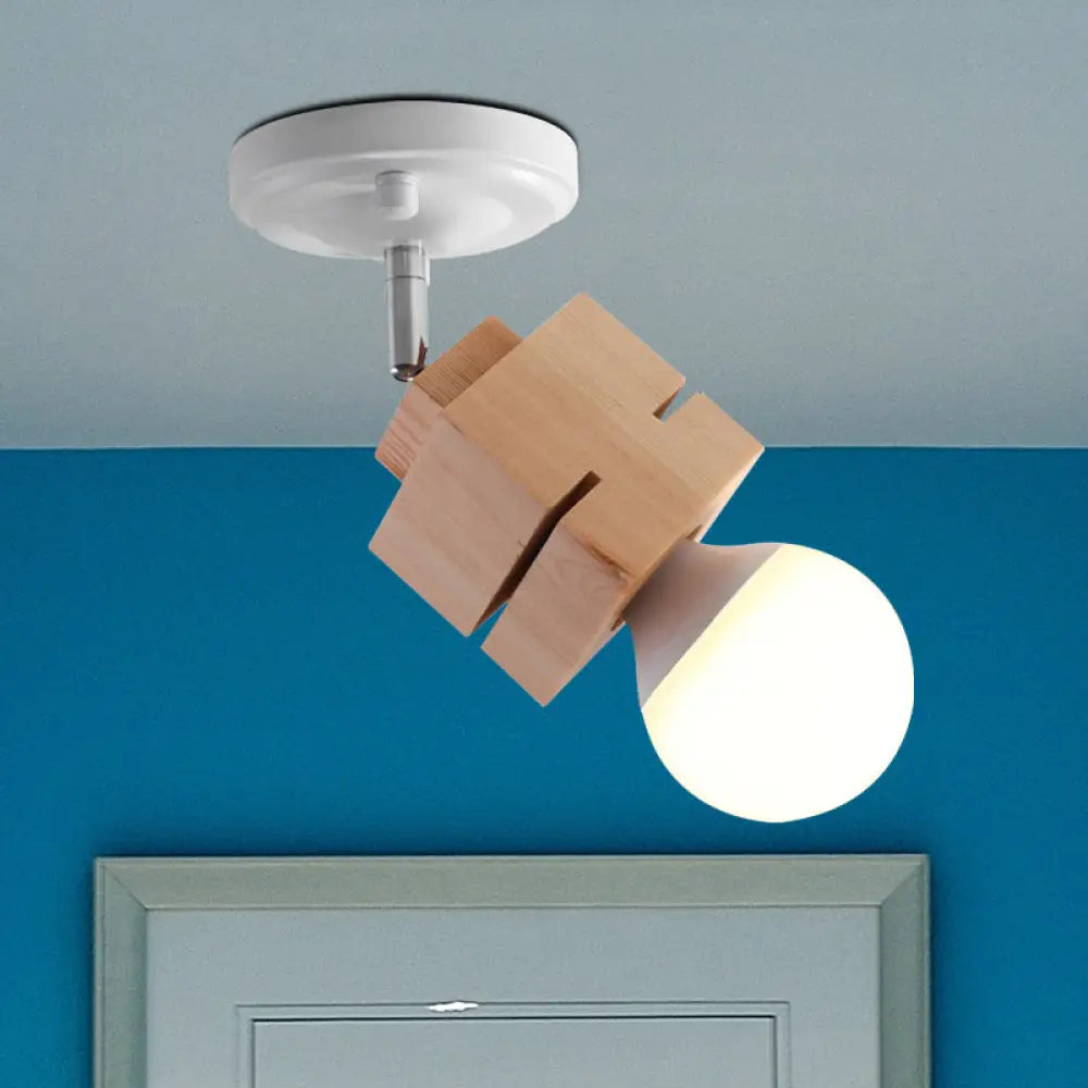 DecorBites™ DecorBites™ Modern Metal Semi Flush Ceiling Light with Wood Top - White Finish, 1 Light