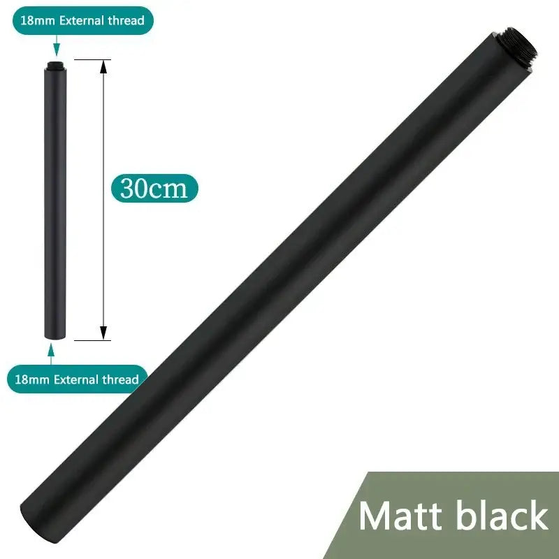 Matte black metal shower head extension pipe 30cm long with 18mm external threading for bathroom accessory