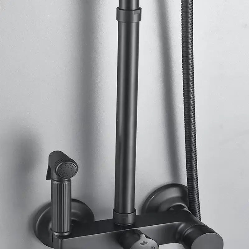 Modern black matte metal shower head extension pipe with handheld sprayer and flexible hose bathroom accessory