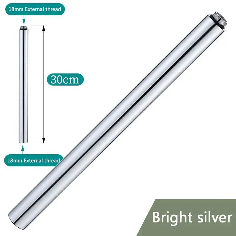 Bright silver cylindrical metal shower head extension pipe 30cm long with 18mm threading on both ends