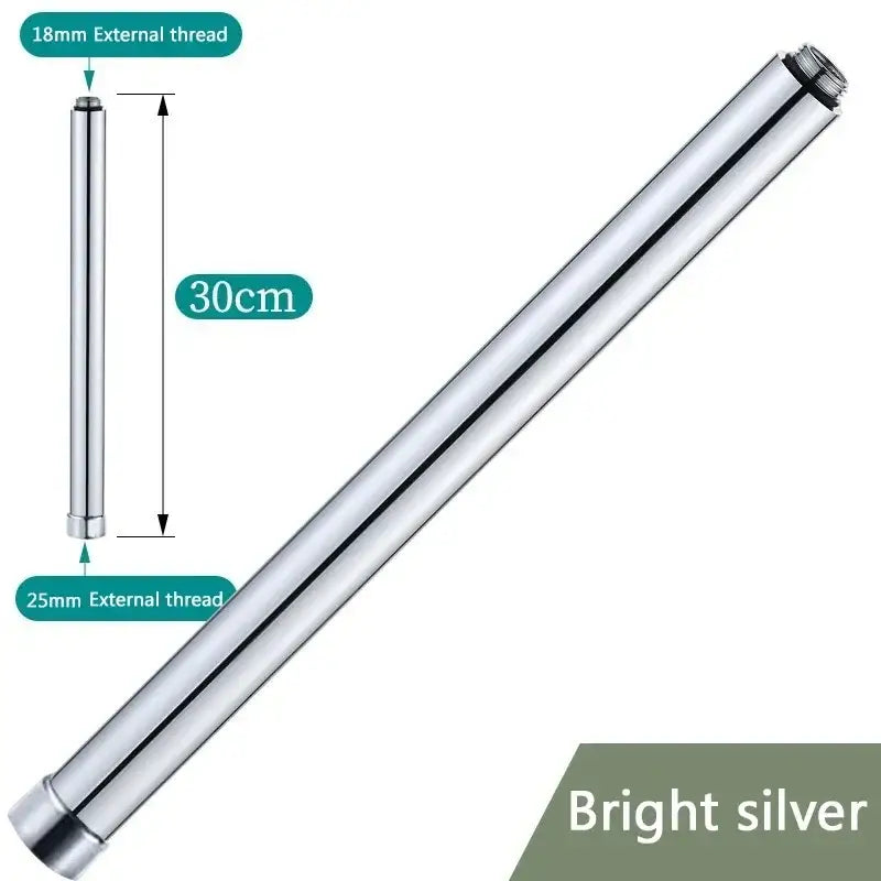 Bright silver metal shower head extension pipe 30cm with threaded ends for modern bathroom accessory use