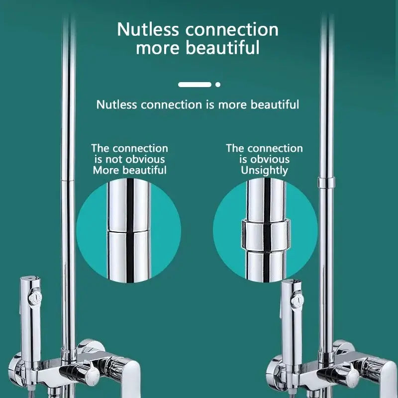 Shiny chrome-finished modern metal shower head extension pipe with sleek nutless connection design for bathroom use