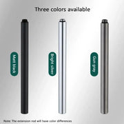 Three slender metal shower head extension pipes in matte black bright silver and gun gray finishes for modern bathrooms