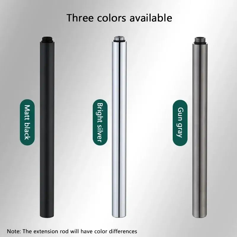 Three slender metal shower head extension pipes in matte black bright silver and gun gray finishes for modern bathrooms