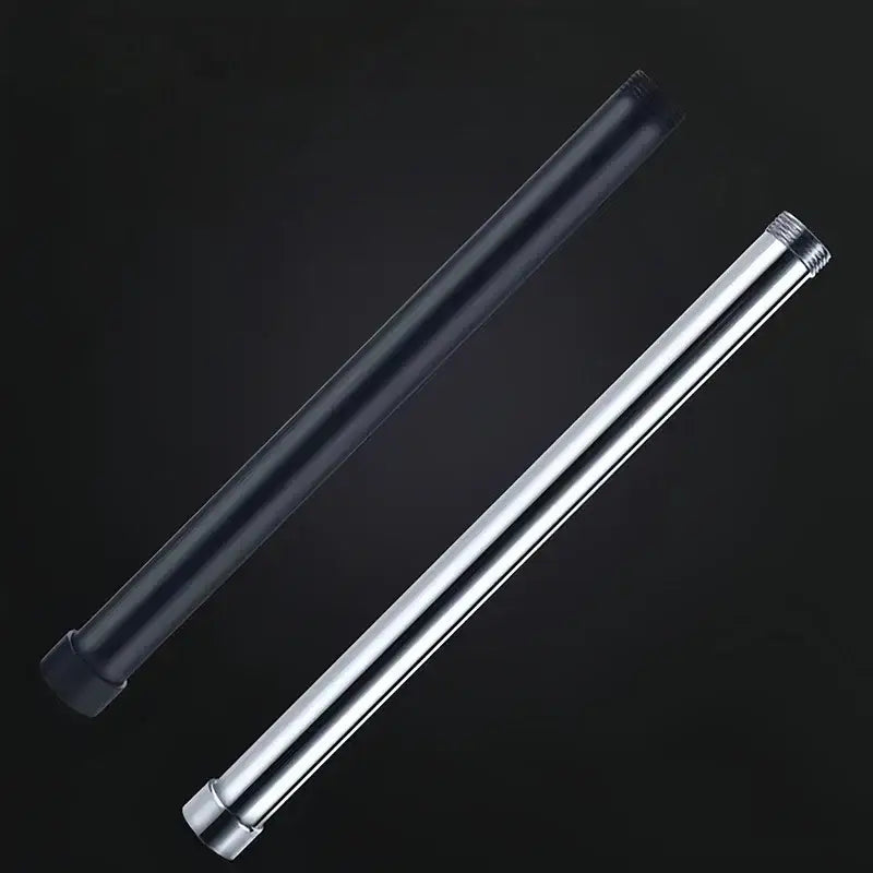 Two metallic extension pipes for shower head in polished chrome and matte black finishes for bathroom accessory use