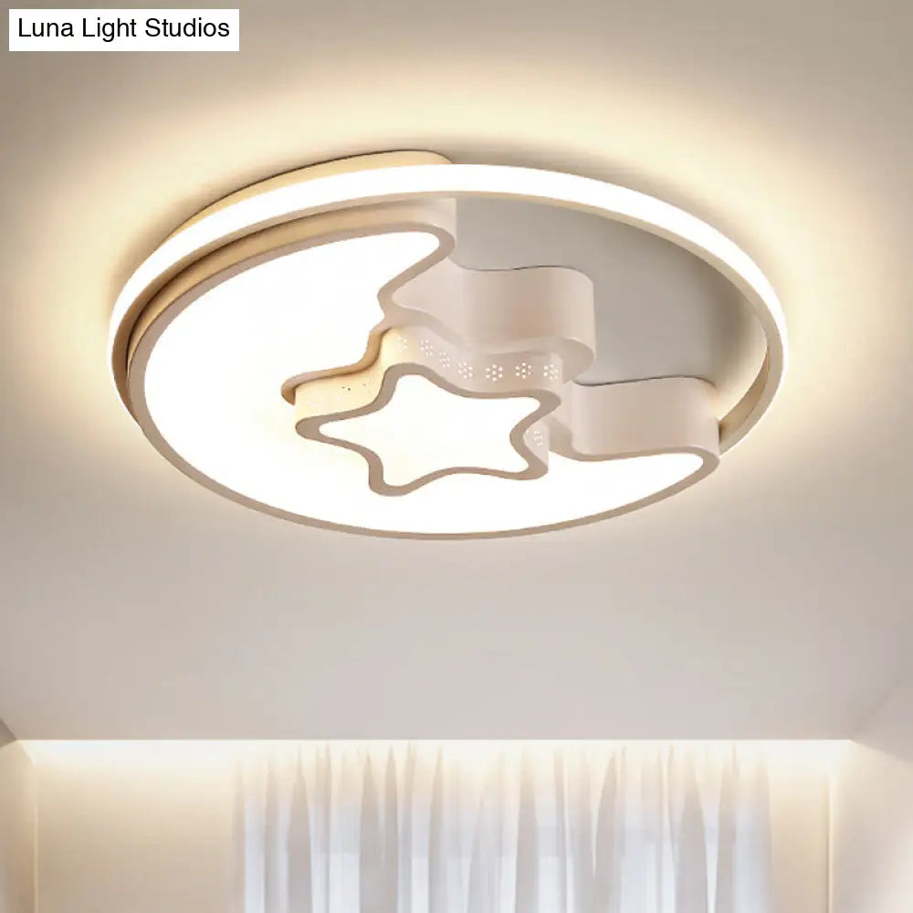 DecorBites™ DecorBites™ Modern Metal Star and Moon Flush Mount Ceiling Light – White Etched Finish for Foyer