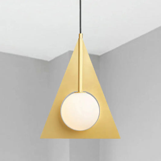 Modern Metal Triangle Ceiling Pendant Light with Globe White Glass Shade - Gold Hanging Lamp Kit