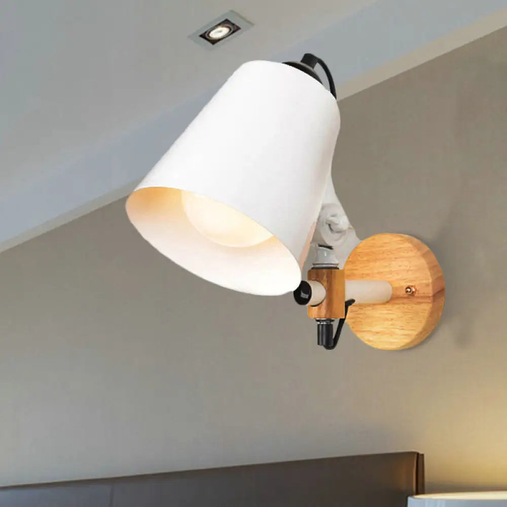 DecorBites™ DecorBites™ Modern Metal Wall Lamp with Bucket Shade, 1 Light Corridor Wall Mount, Wooden Backplate, Black/White