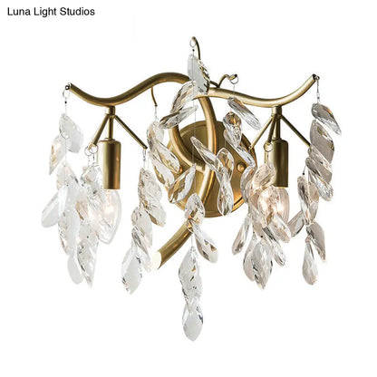 DecorBites™ DecorBites™ Modern Metal Wall Sconce with Clear Crystal Leaf Deco and 2 Brass Bulbs