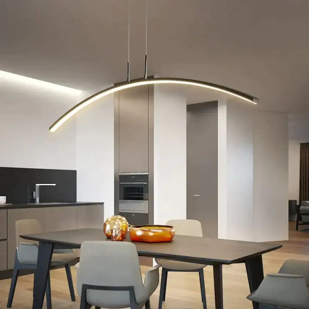 Modern metallic arc shape pendant lights with sleek frame and integrated led strip lighting for dining room use