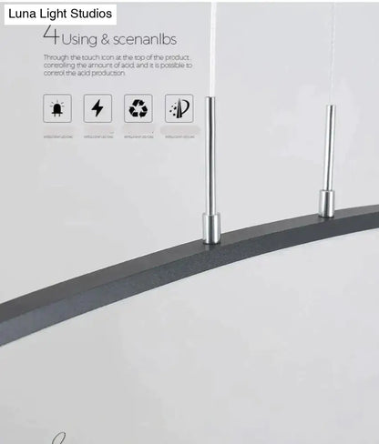 Modern metallic arc shape pendant lights with sleek black glass shade and polished chrome rods for dining room use
