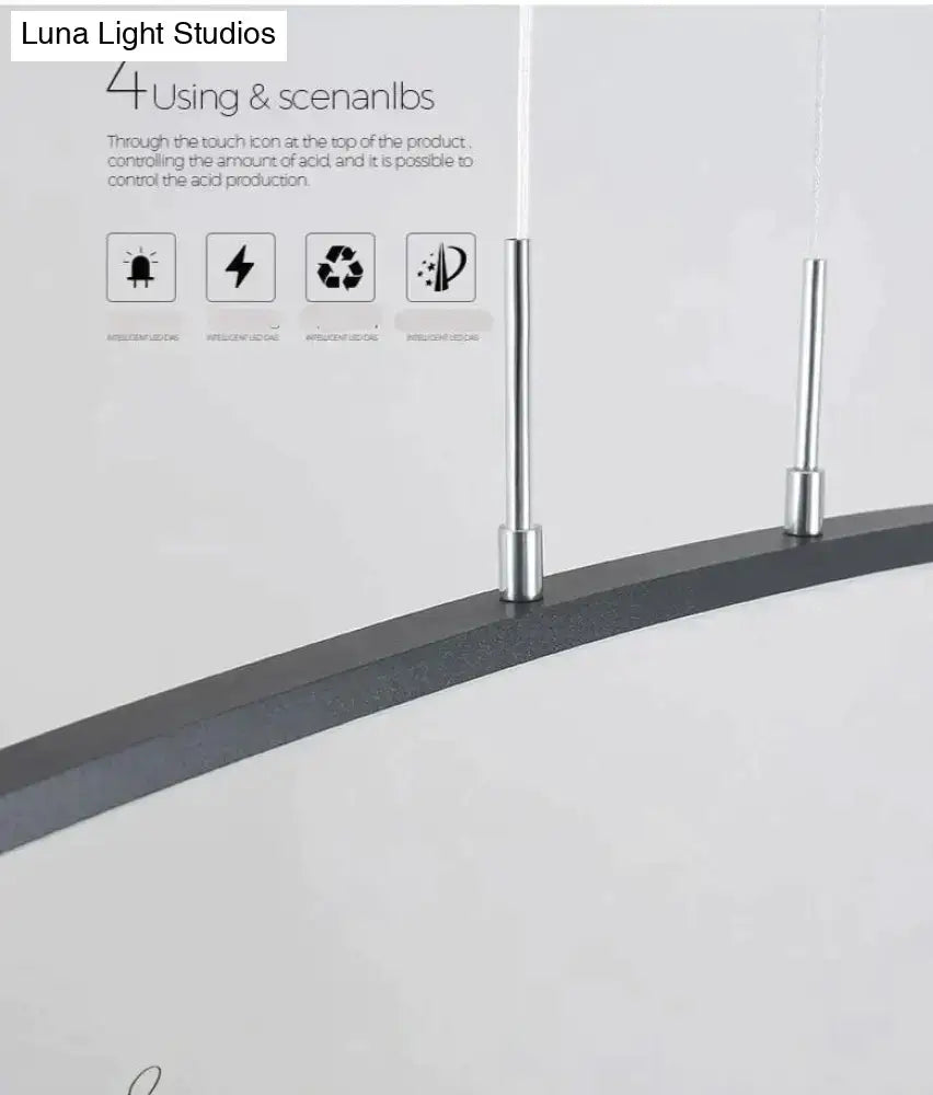 Modern metallic arc shape pendant lights with sleek black glass shade and polished chrome rods for dining room use
