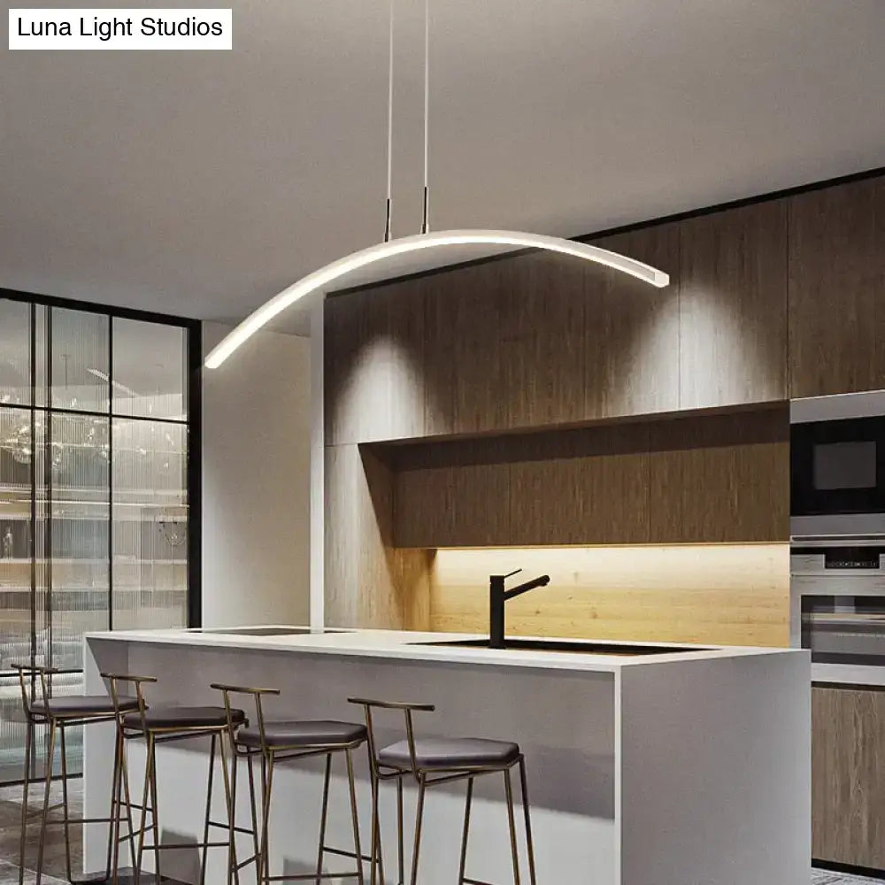 Modern metallic arc shape pendant lights with a sleek white finish and minimalist design for dining room use