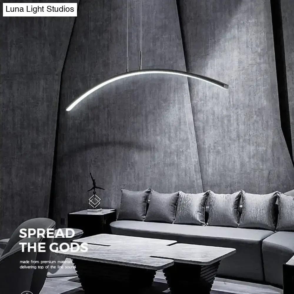 Modern metallic arc shape led pendant lights with sleek curved design and cool white illumination for dining room
