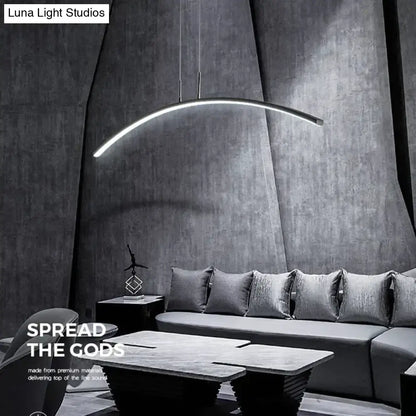 Modern metallic arc shape led pendant lights with sleek curved design and cool white illumination for dining room
