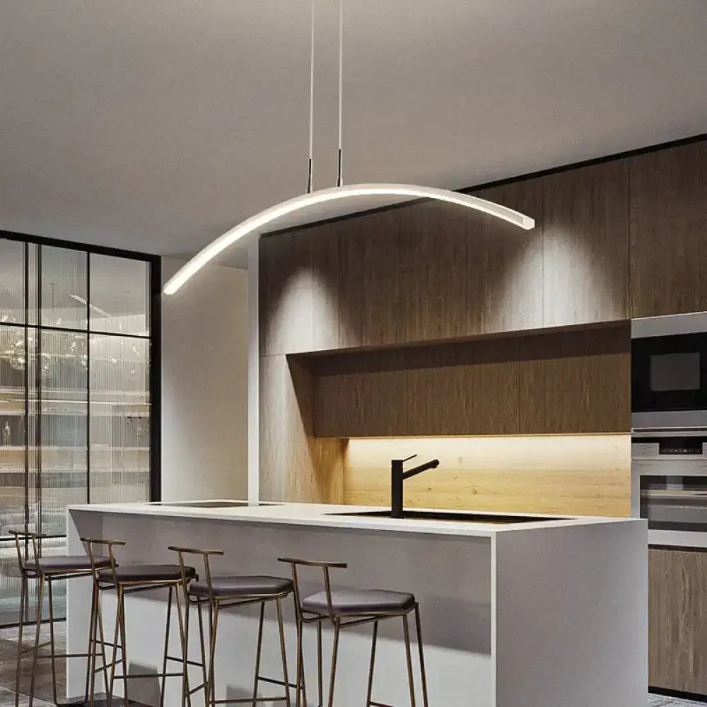 Modern metallic arc shape led pendant lights with sleek white finish and minimalist design for dining room lighting
