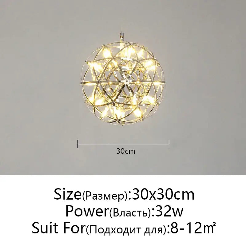 Modern metallic ball fireworks pendant light with warm white led lights in geometric metallic frame for living room