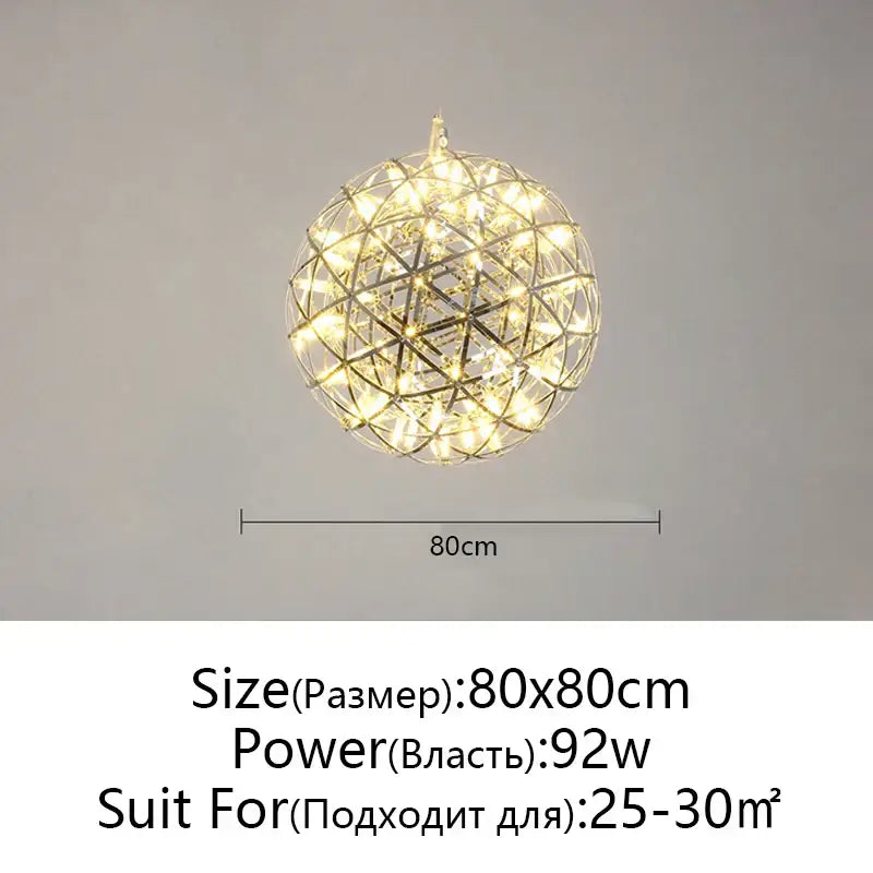 Modern metallic ball fireworks pendant light with warm white led lights and wireframe design for living room use
