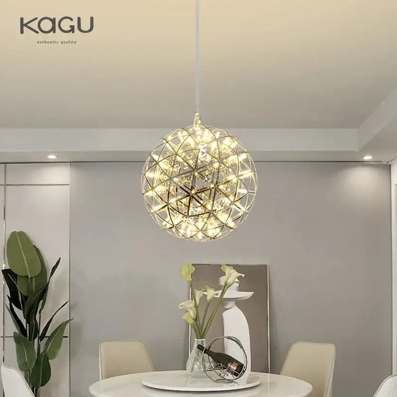 Modern metallic ball fireworks pendant light with gold-toned metal frame and geometric design for living room