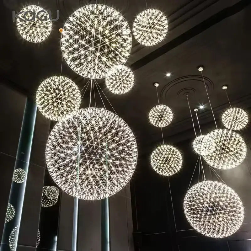 Modern metallic ball fireworks pendant light featuring shimmering spherical chandeliers with led wireframe design