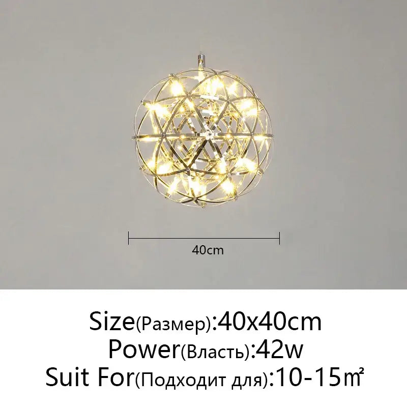 A modern metallic ball fireworks pendant light with a spherical frame and warm white led lights for living room