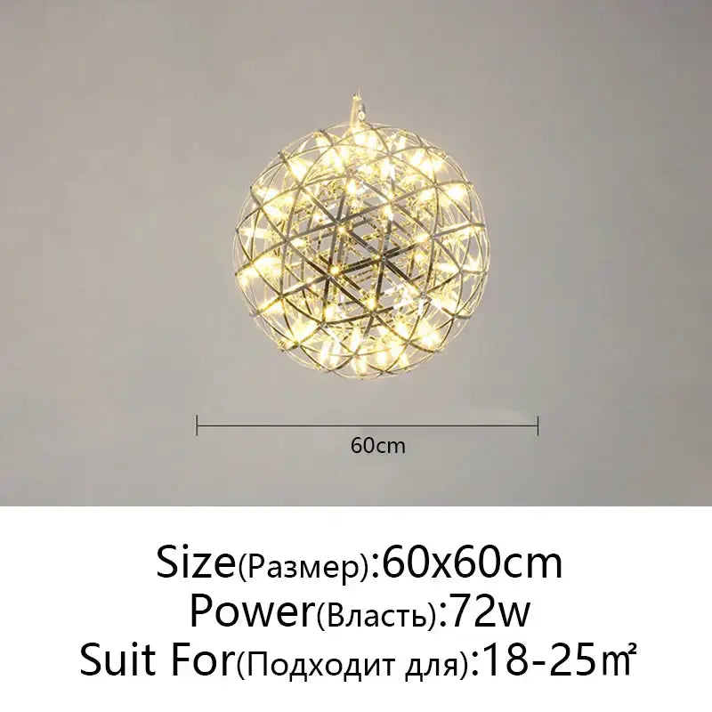 Modern metallic ball fireworks pendant light with warm white led lights and wireframe design for living room decor