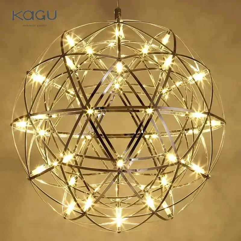 Modern metallic ball fireworks pendant light with shiny chrome spherical design and warm glowing LED lights for living room