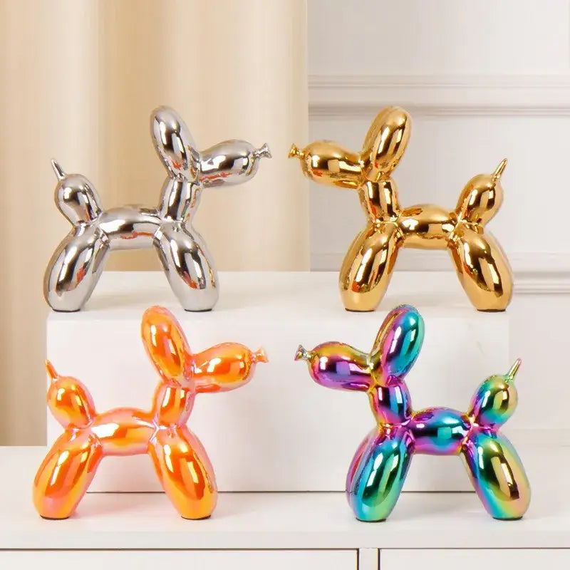 Modern metallic ceramic balloon dog statues in silver gold orange and iridescent rainbow for living room decorbites ceramic balloon dog decor