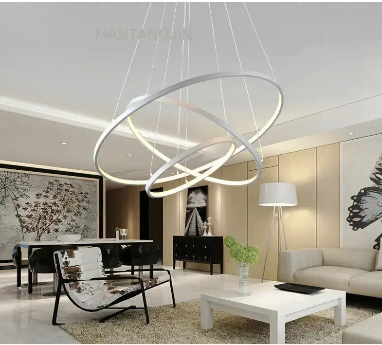 Modern white metallic pendant lamp with interlocking decorbites circle rings led for stylish dining room decor