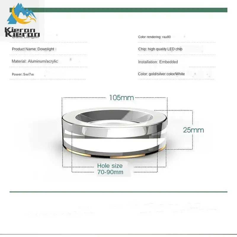Silver-colored circular modern metallic crystal led ceiling spotlight with aluminum acrylic design and gold trim accents