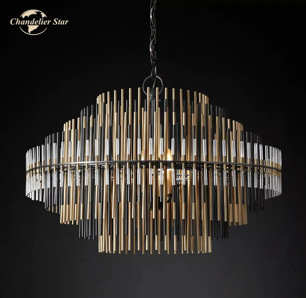 Modern metallic emile round led chandelier with gold and black rods and clear glass for dining room lighting