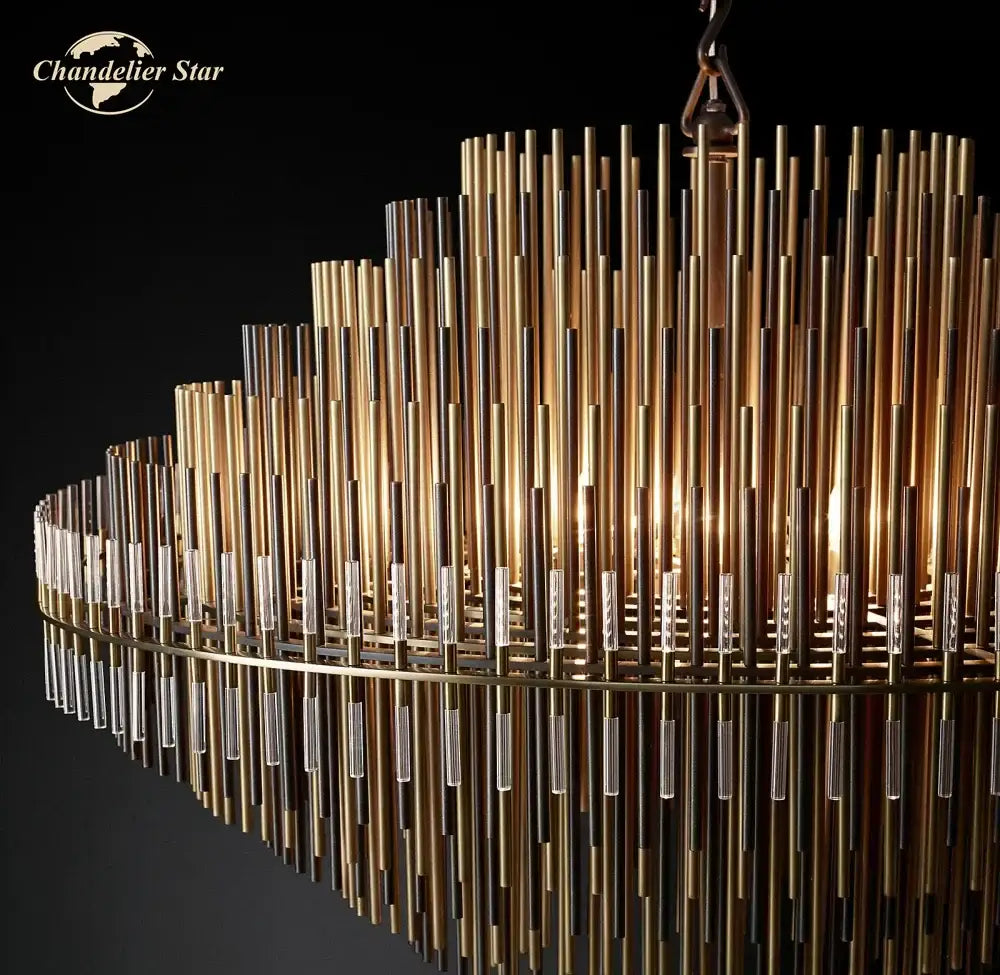 Modern metallic emile round led chandelier with golden brass and clear crystal tiered design for dining room lighting