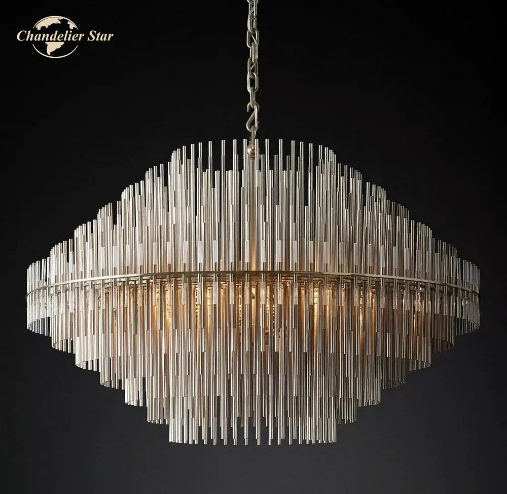 Modern metallic emile round led chandelier with cascading slender reflective rods for dining room lighting