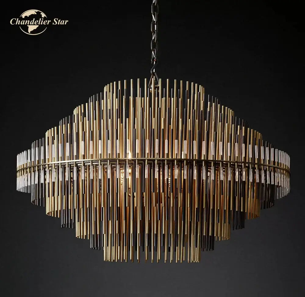 Modern metallic emile round led chandelier in gold and black with a cascading design for dining room lighting