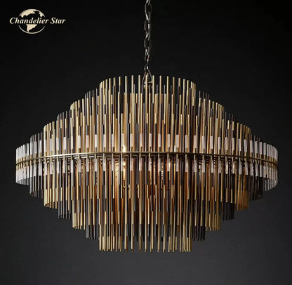 Modern metallic emile round led chandelier in gold and black with a cascading design for dining room lighting