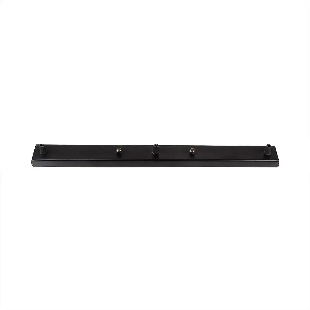 Black metal coat rack with four evenly spaced hooks and decorbites ceiling plate for hallway organization