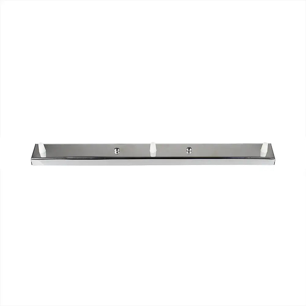 Modern metallic five hook coat rack with chrome finish and two white plastic hooks featuring decorbites ceiling plate