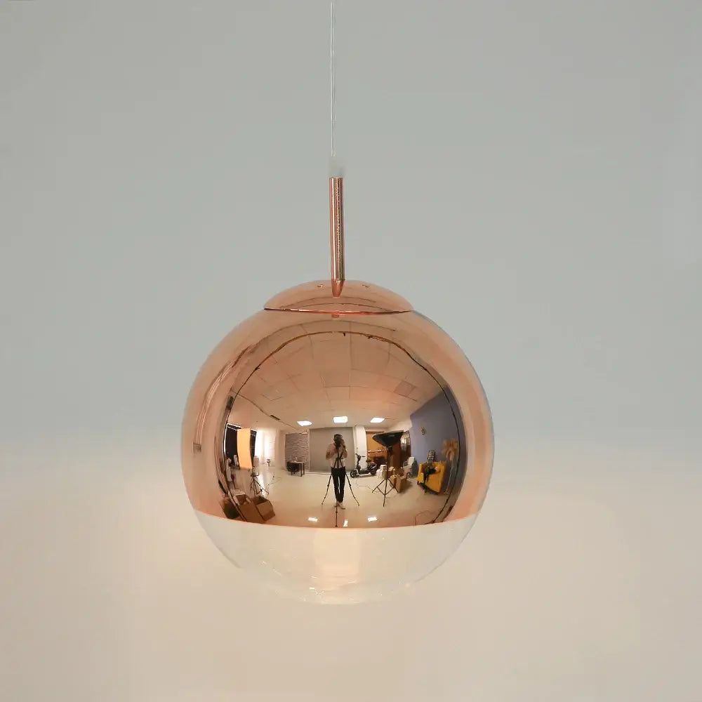 Copper-finished modern metallic glass ball electroplate pendant light with reflective polished surface for kitchen decorbites
