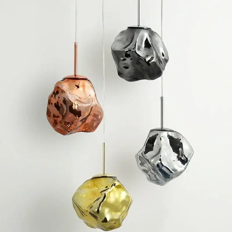Four modern metallic ice glass pendant lights in copper black silver and gold for dining room decorbites ice glass pendant