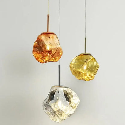 Modern metallic ice glass pendant light with amber gold and clear ice glass pendant shades for dining room decorbites ice glass