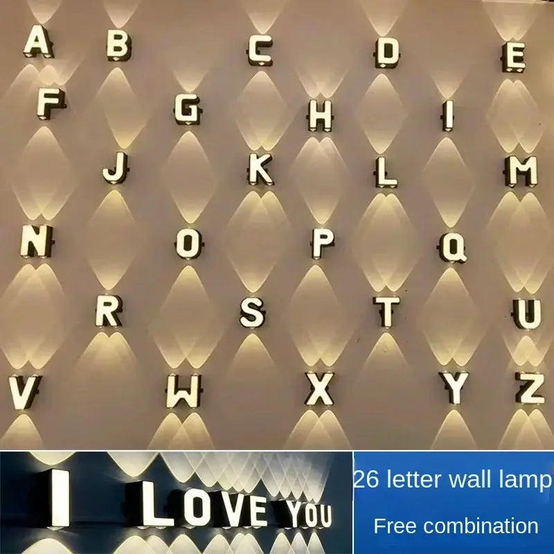 A set of 26 sleek metallic led letter wall lamps with warm lighting for modern digital wall light shop advertising
