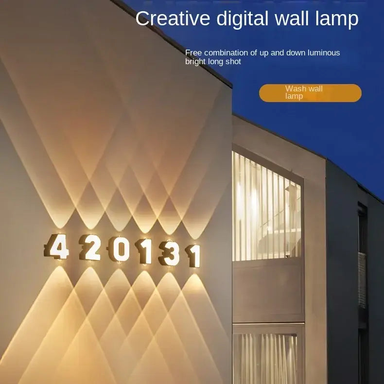 Modern metallic led digital wall light with warm adjustable lighting casting geometric patterns on textured wall